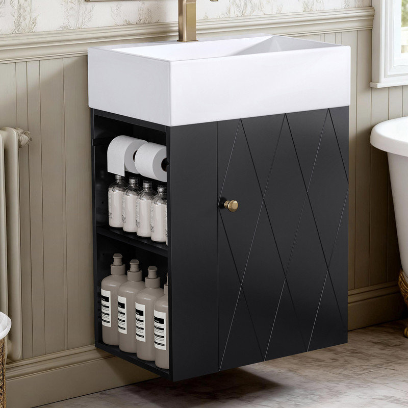 Meuble-lavabo flottant mural moderne 20 po avec lavabo en céramique, tablette réglable et porte-papier hygiénique, Noir