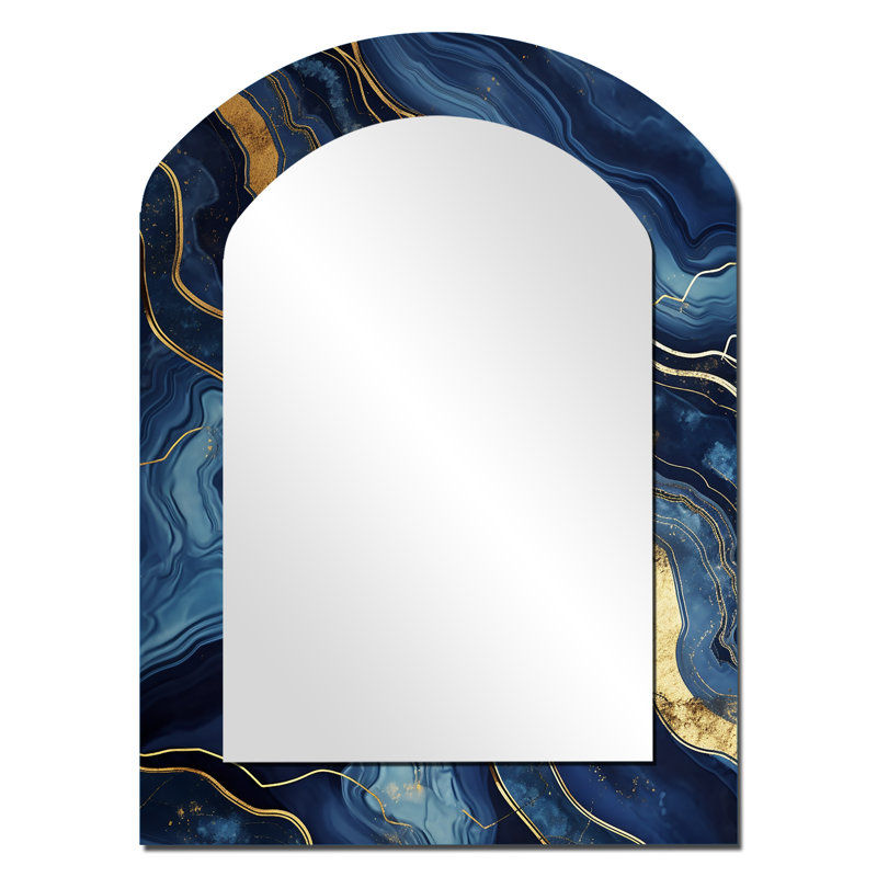 Bleu et or abstrait marbre Mirage I - miroir mural décoratif asymétrique en marbre, 34 po x 25 po