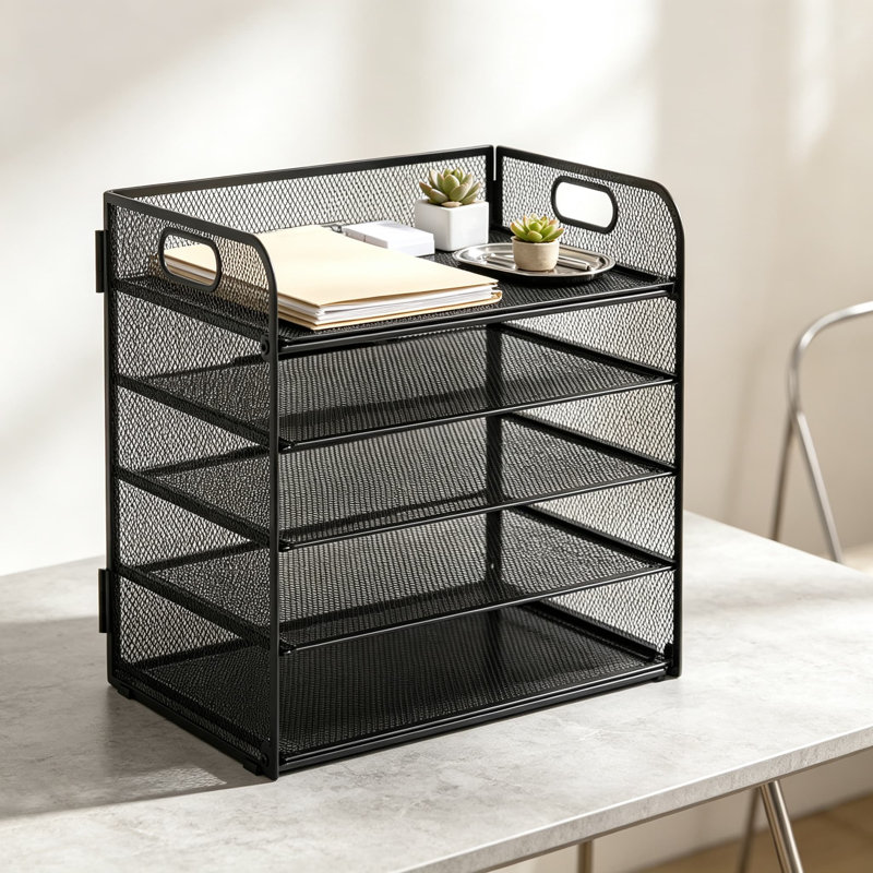Organisateur de papier à cinq plateaux avec poignée, porte-documents en filet, trieur de papier pour le bureau, la maison, la salle de classe et l'école, système de bac à courrier empilable en métal robuste