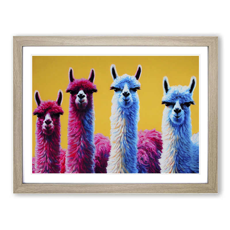Enviable Llamas - Single Picture Frame Painting, 46cm H x 64cm W x 2cm D, Oak