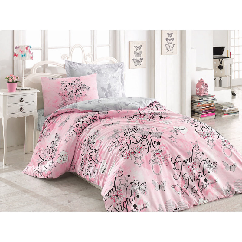 Ensemble de housse de couette 100% coton 3 pièces Sibylle rose / noir / blanc