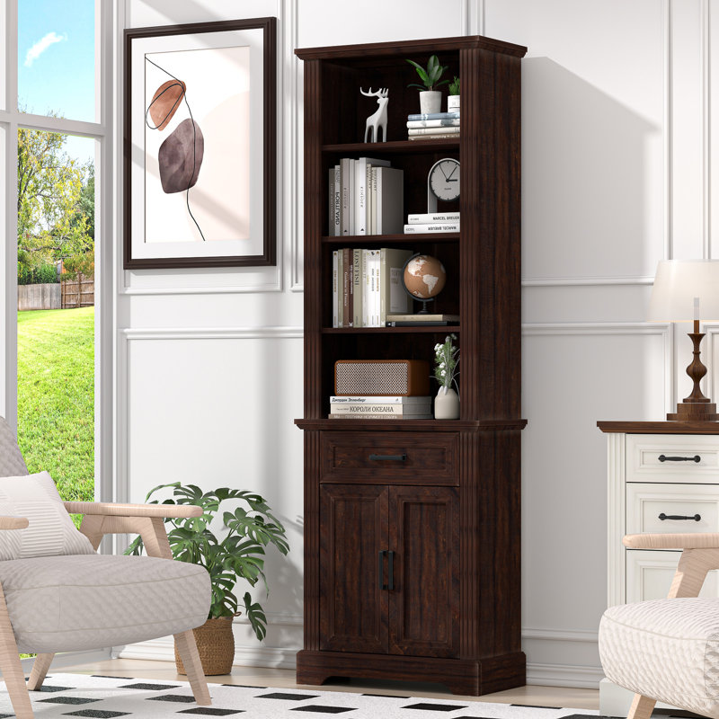 Bibliothèque à 5 niveaux avec bibliothèque réglable de 72 po avec portes et armoire de rangement, Brun
