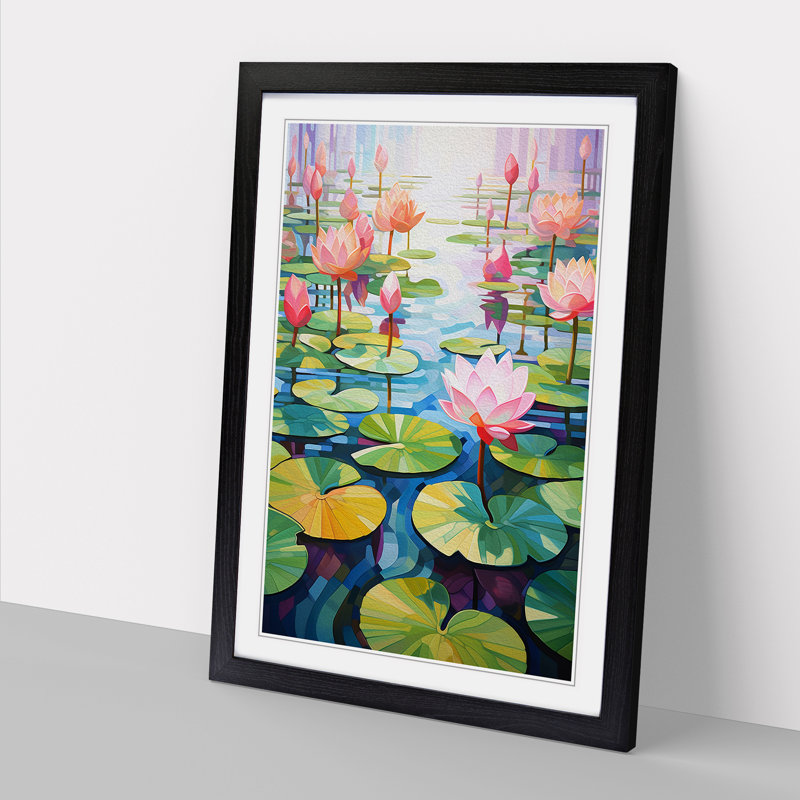 Water Lily Pond Cubism Art - Framed Print, 34cm H x 25cm W, Black Framed