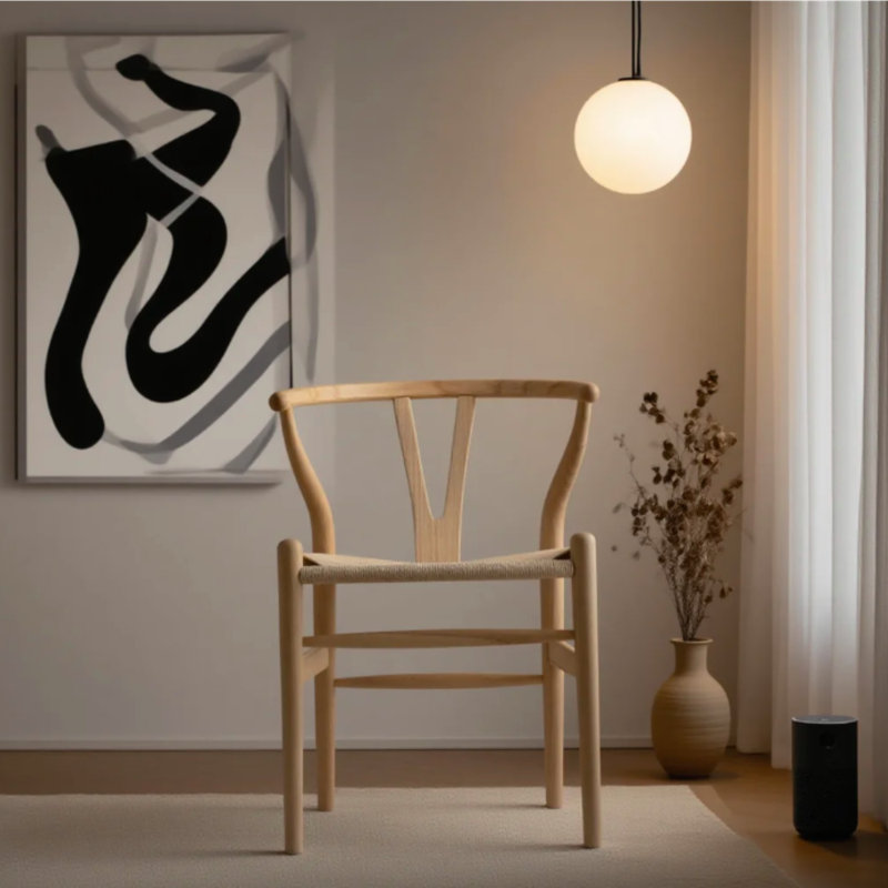 Set of 2 Natural Wood Wishbone Dining Chairs, Mid-Century Modern Y-Back Arm Chairs with Woven Seats, Scandinavian Style Kitchen Chairs