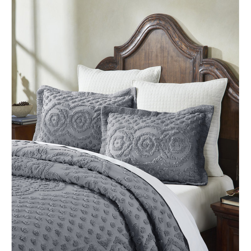 Heirloom 100% Cotton Chenille Tufted Standard Pillow Sham, Medallion Design, Soft Breathable Decorative Pillow Cover, OEKO-TEX Certified, Machine Washable, All-Season, 21" x 27", Gray