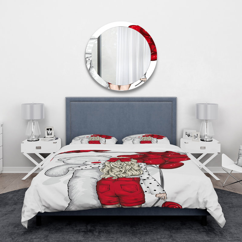 Fille avec des cheveux longs et des ballons en forme de cœur rouge - ensemble de housse de couette moderne - microfibre de polyester