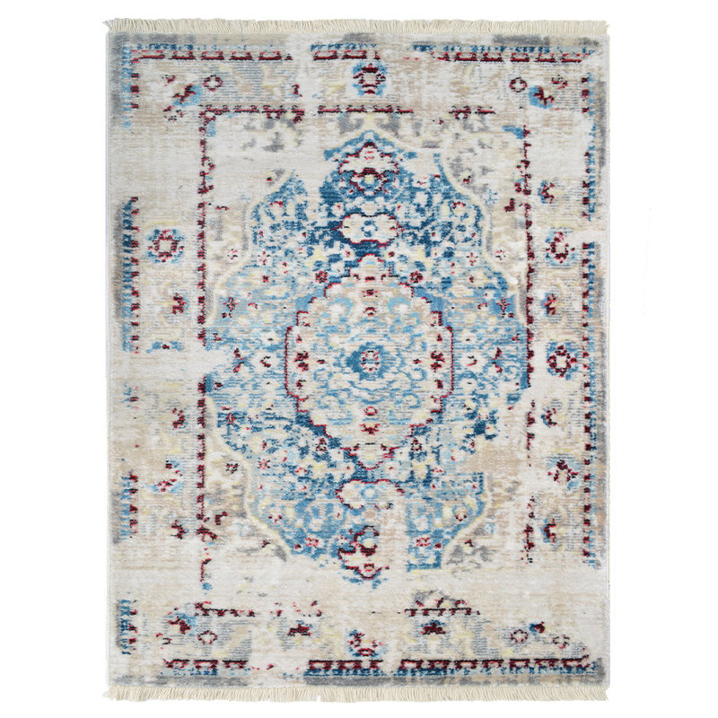 Tapis rectangulaires en polyester fabriqués à la machine Crayton, de couleur bleu ivoire, de style oriental, de tapis à poils courts pour le salon, la chambre à coucher
