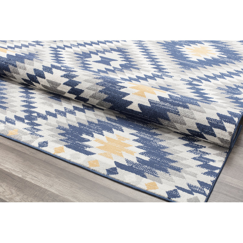 Heron Bodrum Tribal Kilim Denim Area Rug, Rectangle 5' x 7', Gold/Ivory/Navy/Gray