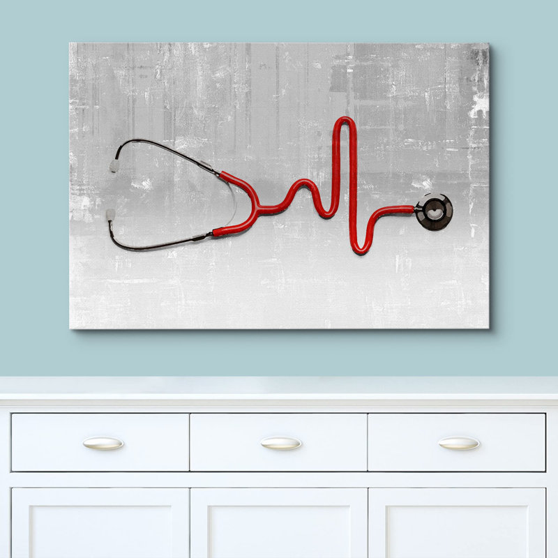 Stéthoscope médical rouge sur fond gris, H 32 po x l 48 po