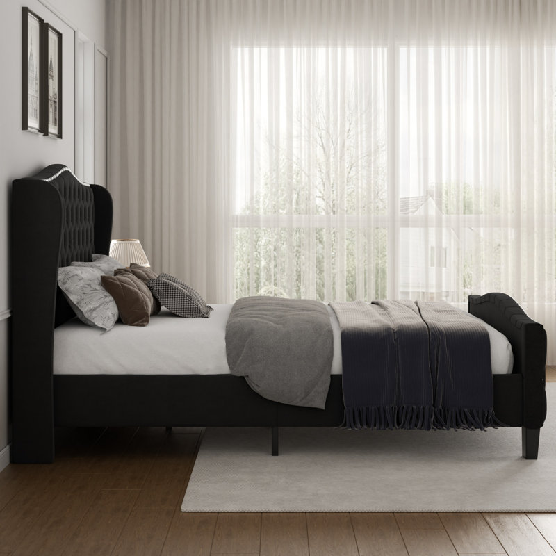 Mieya Velvet Upholstered Platform Bed Frame with Button Tufted Wingback Headboard and Footboard, Queen, Black