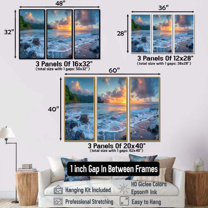 Samaniego - Ensemble de reproduction d'art mural plage, H 28 po x l 36 po x P 1 po, Toile avec cadre flottant noir