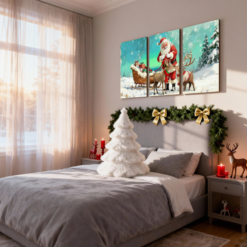 Ensemble de 3 impressions sur toile de Noël, père Noël avec renne et traîneau, H 30 po x l 60 po