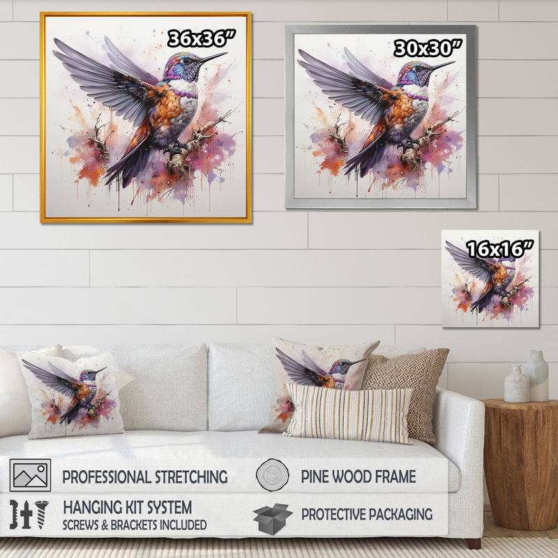 Mauve colibri mauve - Art mural colibri, Cadre flottant brun, H 30 po x l 30 po