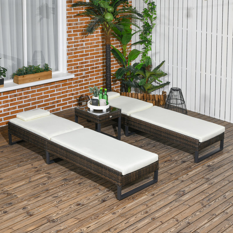 Benette 196cm Long Single Sun Lounger with Cushions and Table, Black, White
