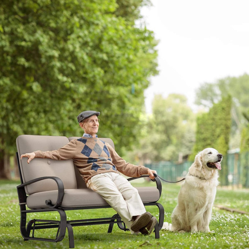 Banc oscillant d'extérieur, causeuse de patio pour 2 personnes avec coussin amovible, siège rembourré épais, structure en acier, beige