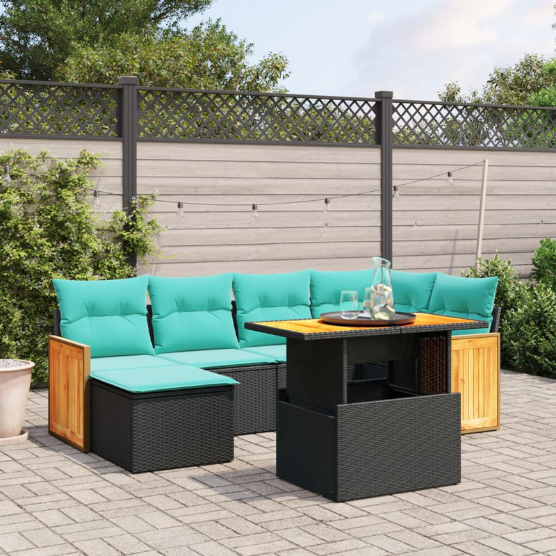  Ensemble de canapé de patio 7 pièces avec coussins en rotin de polyester, Noir, Vert