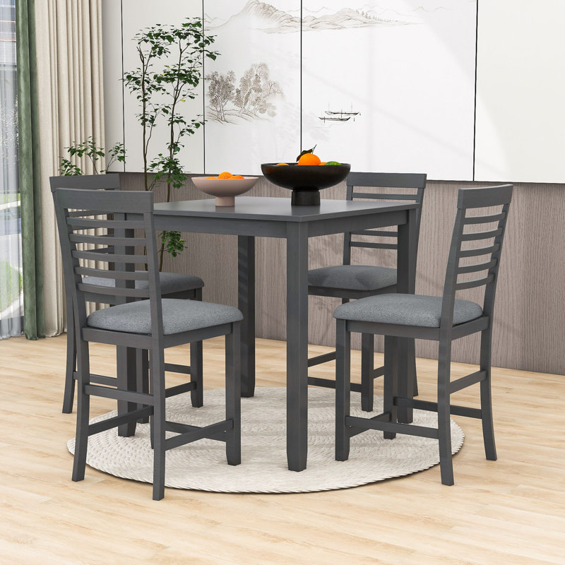 Ensemble de salle à manger 5 pièces Dittmar, table carrée à hauteur de comptoir et chaises rembourrées, Gris