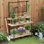 Support pour plante robuste à 3 niveaux avec roulettes - tringle suspendue et tablette à panneau pour une utilisation intérieure / extérieure, support à fleurs multicouches pour la maison, le bureau, le jardin, le patio