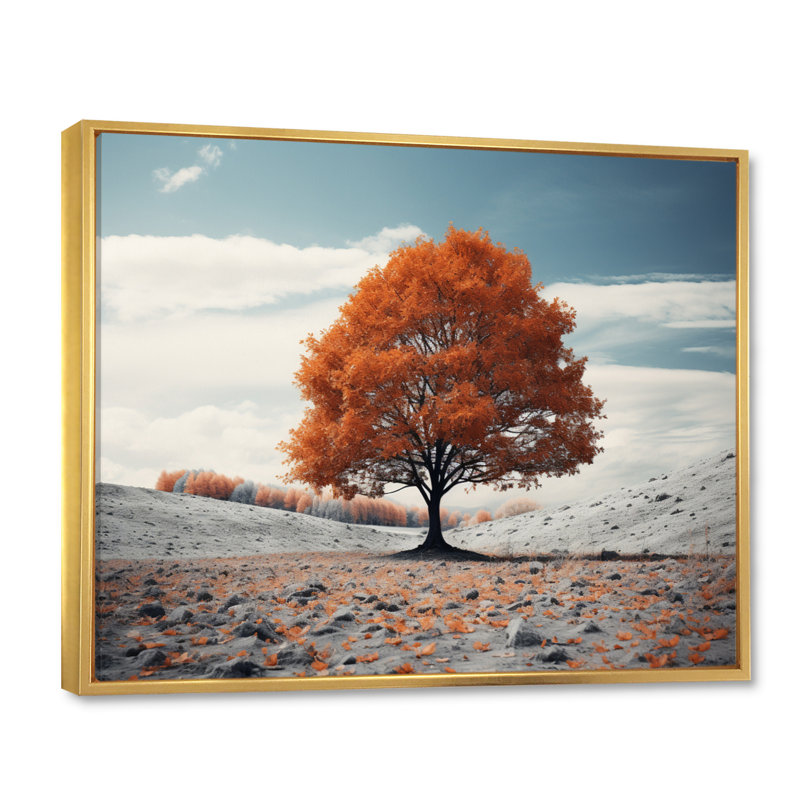 «Red Tree Autumn Whispers - Landscape Trees», reproduction d'art sur toile, H 12 po x l 20 po x P 1 po, Cadre flottant doré