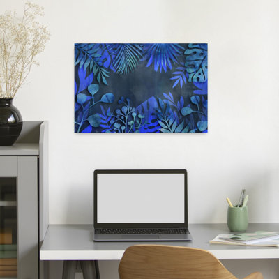 Affiche murale abstraite représentant un paysage forestier tropical aux feuilles d'un bleu profond