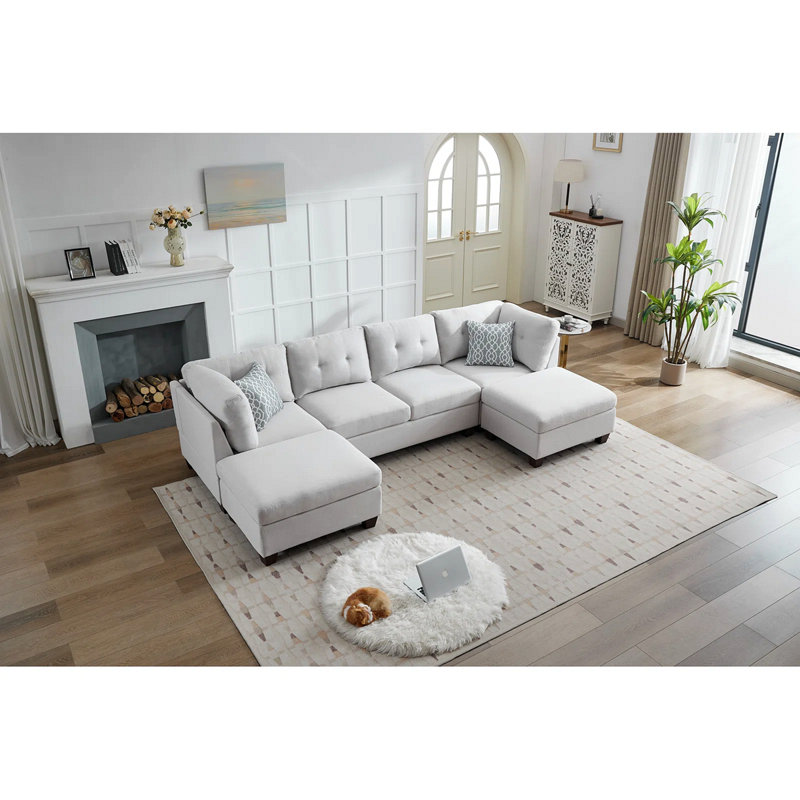 Canapé modulaire rembourré avec deux chaises longues, Lin gris pâle