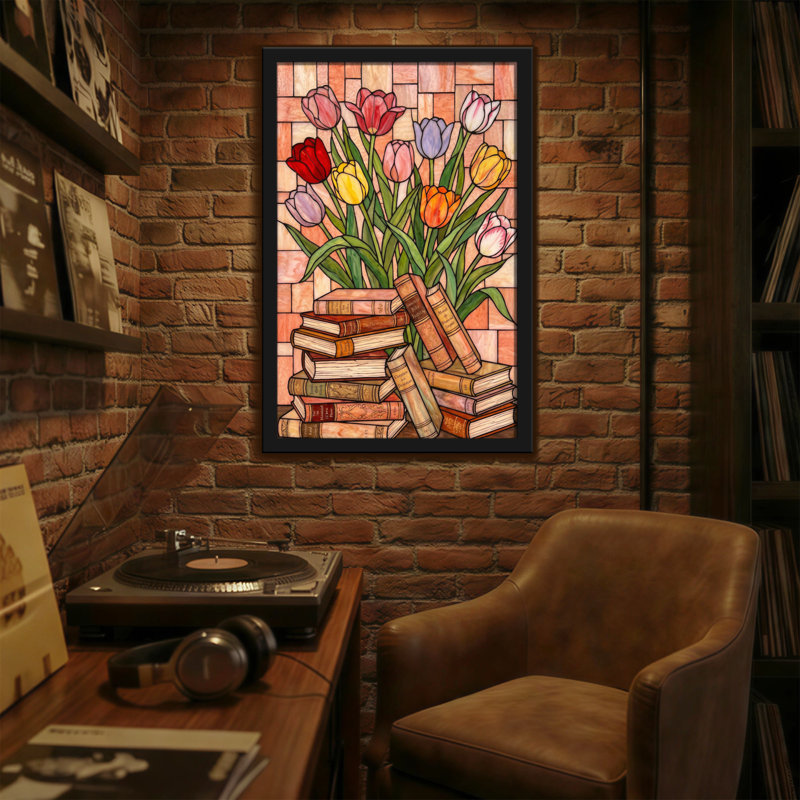 Plantes et fleurs, tulipes, livres, pile d'art mural, H 30 po x l 20 po