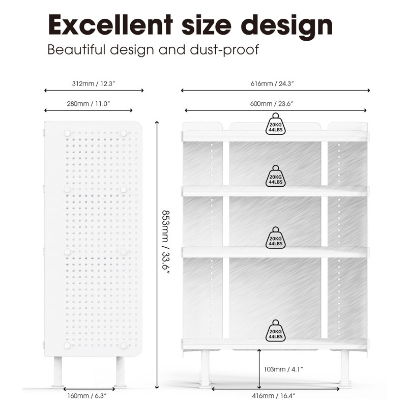 4 Tier Bookshelf, Modern Open Bookcase with Pegboard, (4 Shelves) 33.6"H x 24.3"W x 12.3"D, Brown