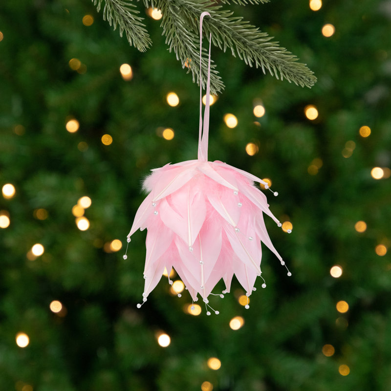 Ornement de Noël boule de plumes avec perles - 4,25 po - rose et blanc