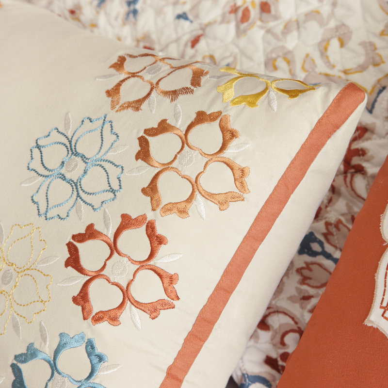 Ivory and Orange Reversible Microfiber Full Quilt Set