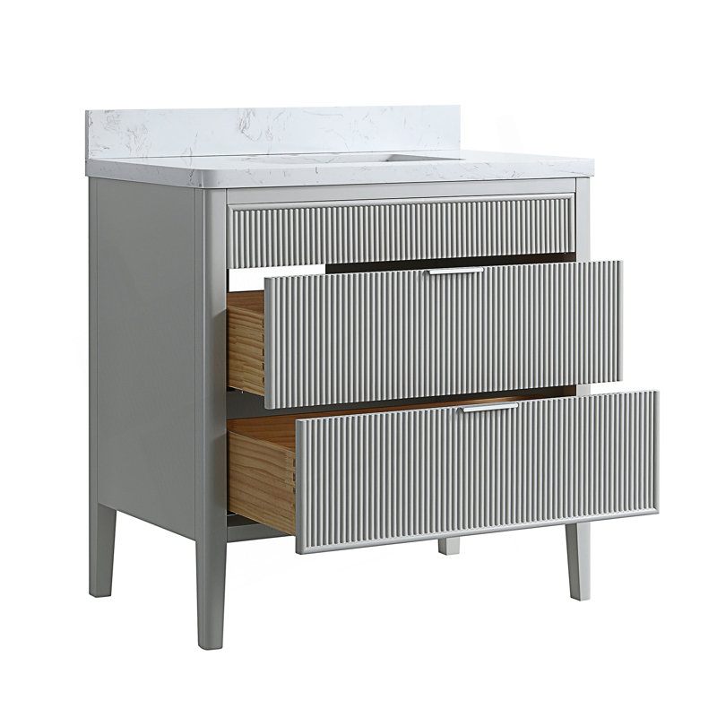 Ensemble de meuble-lavabo autoportant moderne à 2 poignées avec plateau en marbre d'ingénierie moderne, Gris, 36"