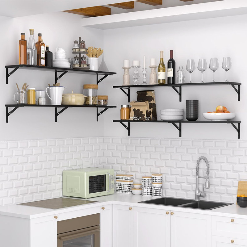 Ensemble de 4 tablettes flottantes noires - 36 po de long pour tablettes murales robustes pour chambre à coucher, salon, bureau, cuisine et buanderie