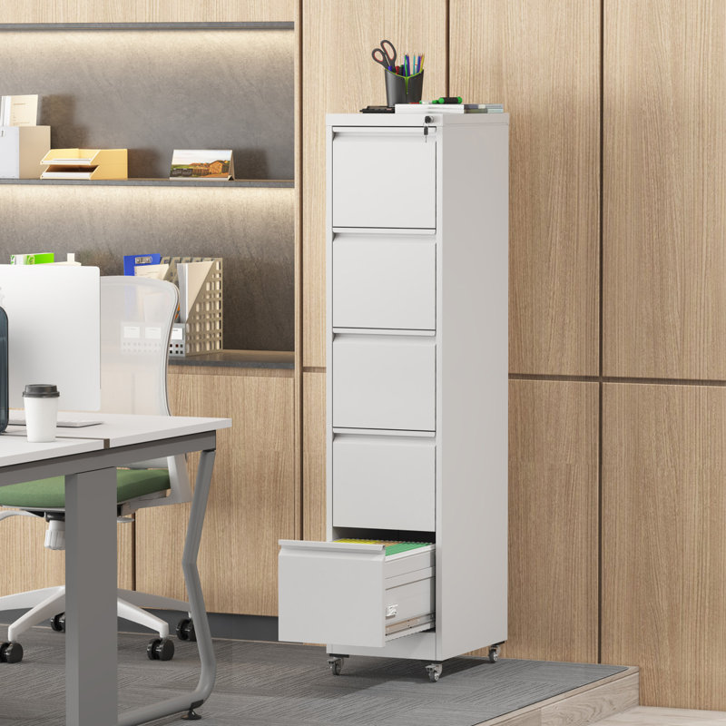 Classeur vertical en métal à 5 tiroirs avec roulettes verrouillables pour le bureau personnel, Blanc