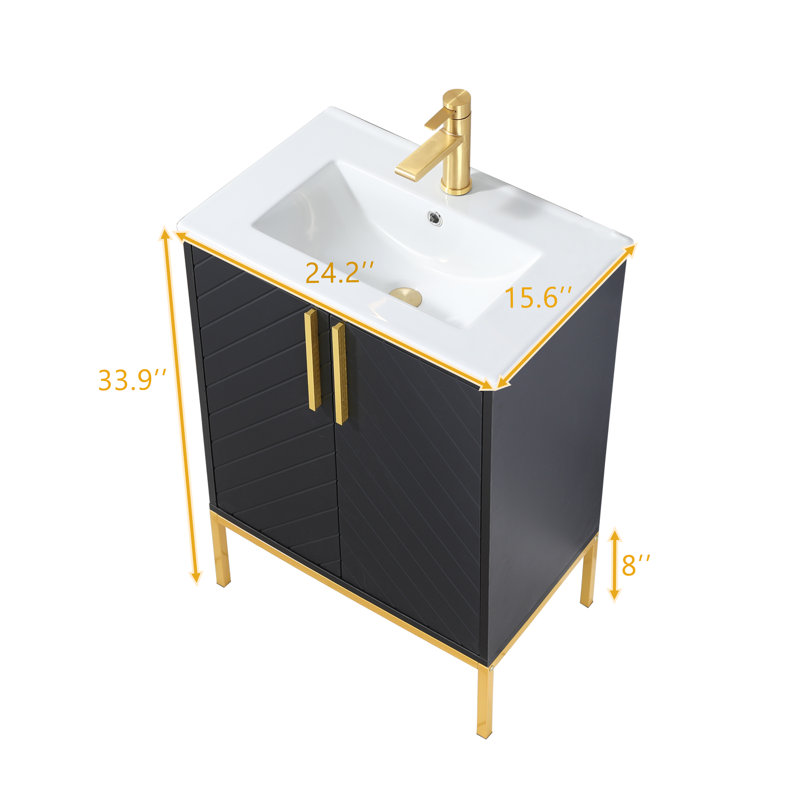24" Black Modern Free-Standing Single Bathroom Vanity With Ceramic Top