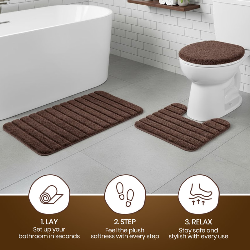 Ensemble de 3 tapis de bain Fontelusso - Tapis en polyester doux, antidérapant, lavable à la machine - brun
