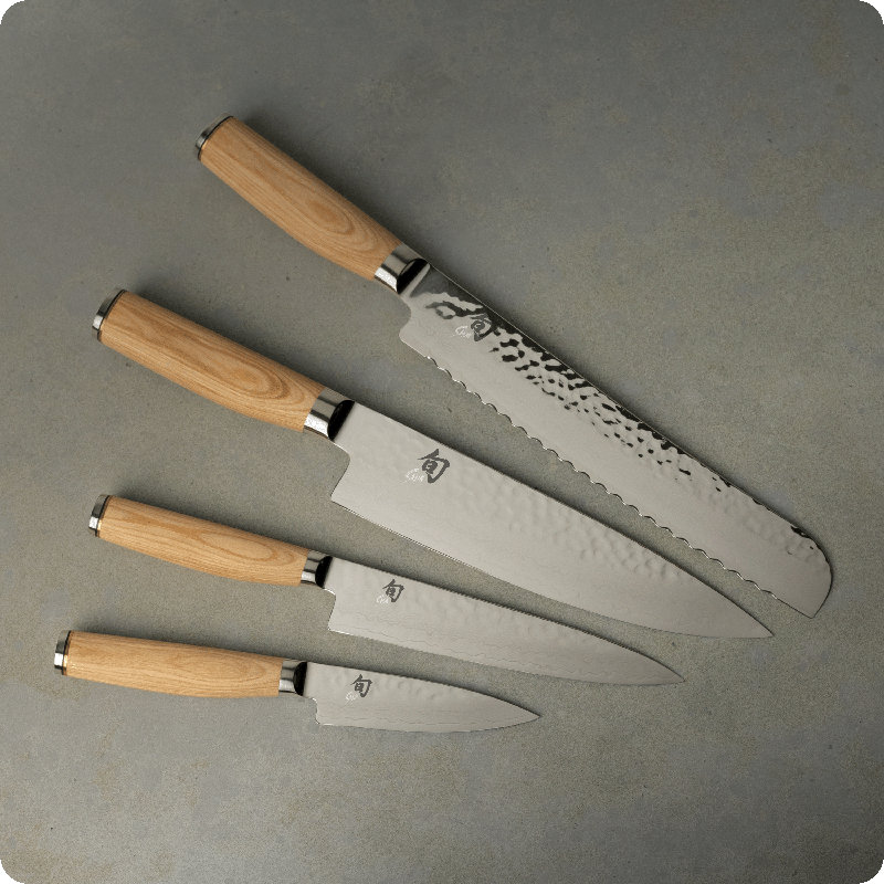 Shun Premier Blonde 5 Piece In-Drawer Set, Includes 8" Chef's Knife, 4" Paring Knife, 6.5" Utility Knife & 9" Bread Knife, Handcrafted Japanese Knife Set, Damascus Stainless Steel Cladding, Pakkawood Handle