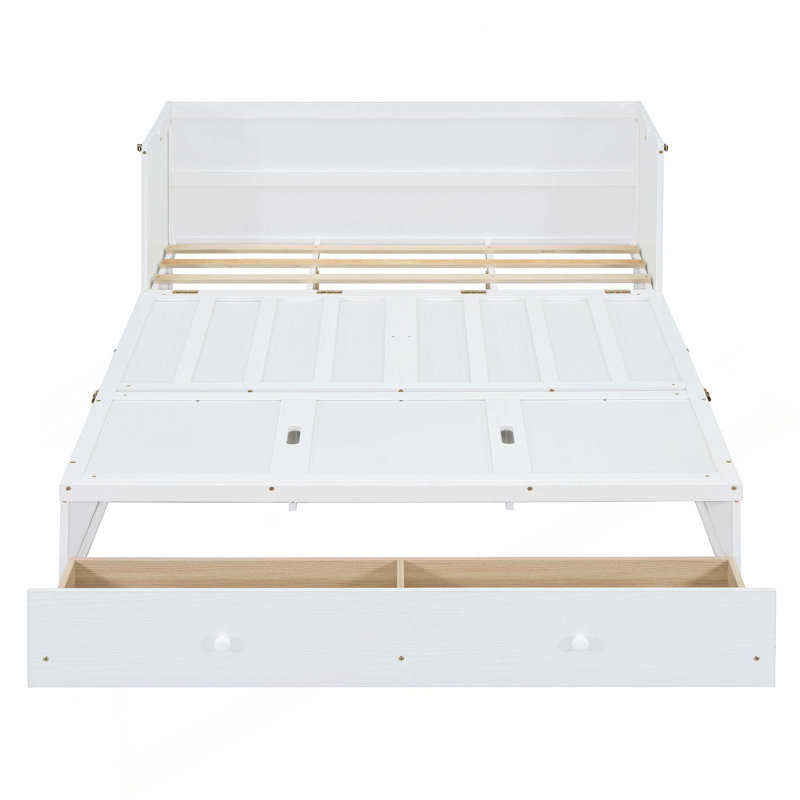 Lit escamotable avec port USB et grand tiroir, Blanc, Grand