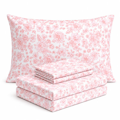 Ensemble de literie 4 pièces à motif floral rose très doux, ensemble de draps en microfibre infroissable avec drap-housse à poches profondes, décoration de chambre à fleurs botaniques roses