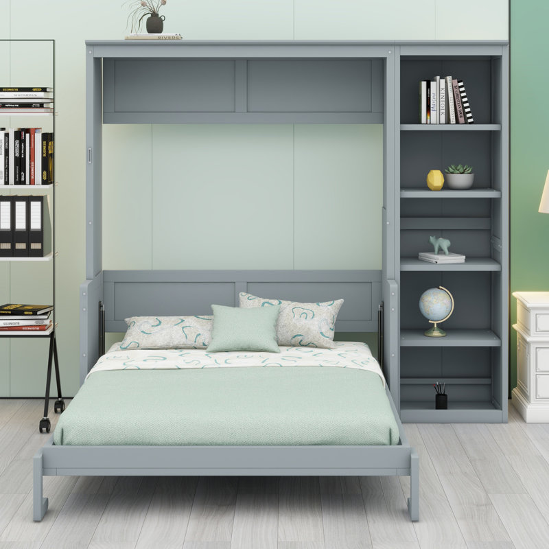 Murphy Bed With Desk And Bookshelf, Gray, Full