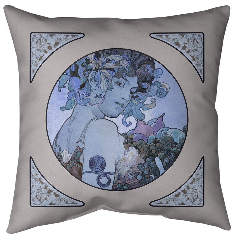 Insert de coussin décoratif à motif de fruits Alphonse Mucha, Duvet synthétique, 14 po x 14 po, Bleu