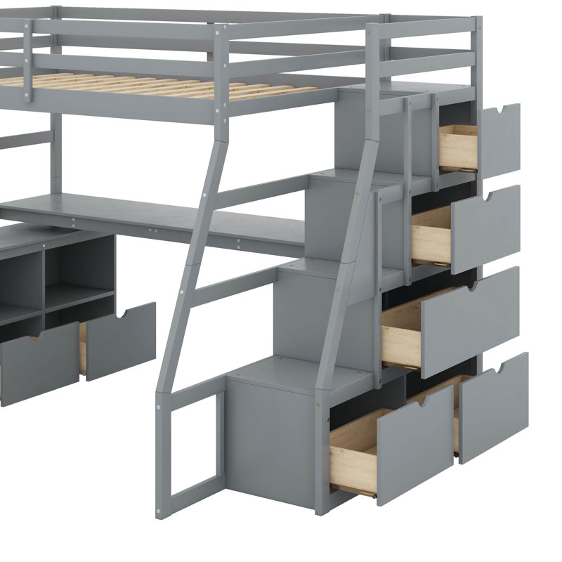 Lit mezzanine double avec 7 tiroirs et bureau, Gris