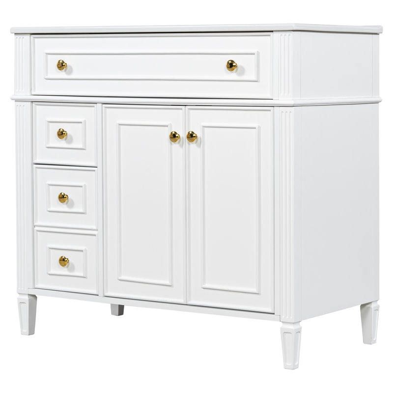 Meuble-lavabo autoportant moderne 36 po avec lavabo en céramique, armoire en bois massif avec tiroir rabattable et support de porte intégré, quincaillerie dorée (blanc / vert)
