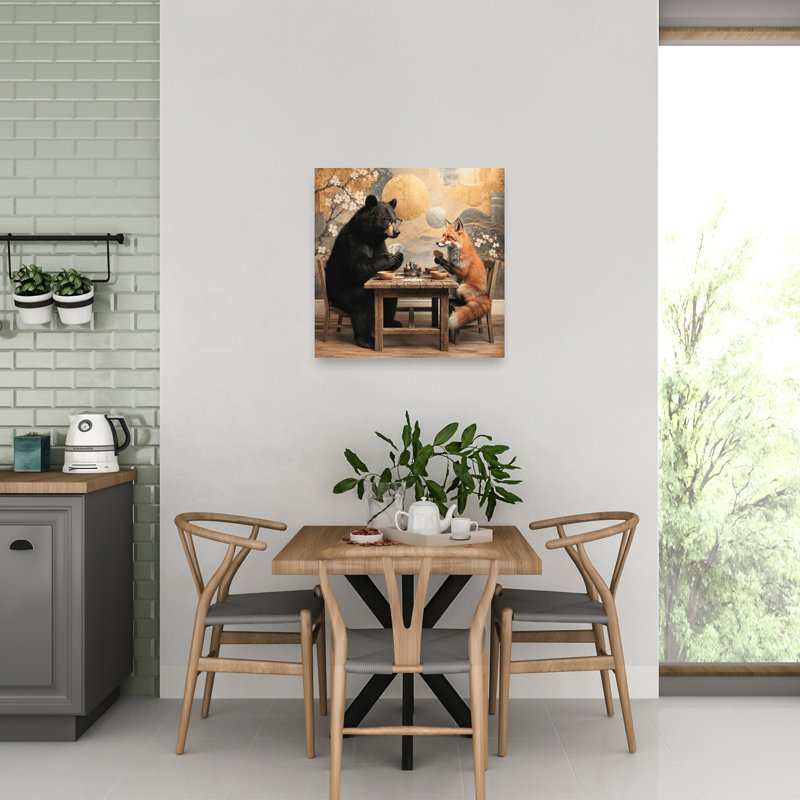 «Clever Bear Fox Game», reproduction d'art sereine fantaisiste, ours, cerise, renard, forêt, art mural, H 32 po x l 32 po