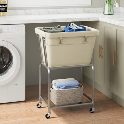 Laundry Cart with Wheels, Rolling Laundry Hamper with Removable Bag and Shelf, Metal Frame Laundry Basket with 4 Casters and 2 Brakes