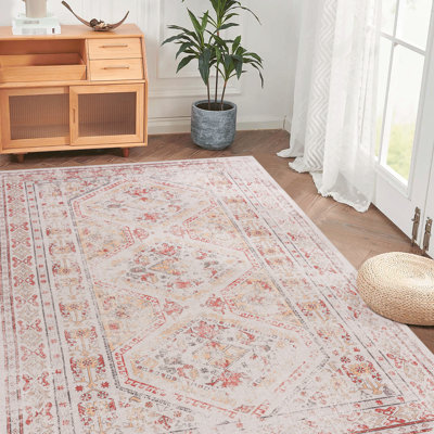 Tapis beige antidérapant 4 x 6, lavable, à poils courts pour le salon, la chambre à coucher, la cuisine, la salle à manger, antidérapant, lavable et antidérapant