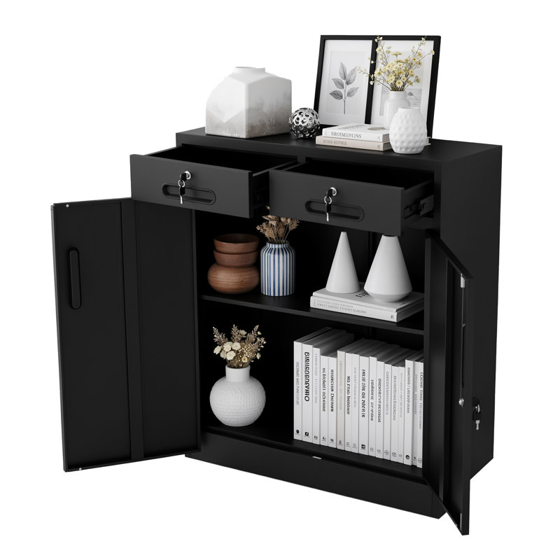Black Metal Storage Cabinet with Lock and Two Drawers, 31.5" Office Organizer with Adjustable Shelf