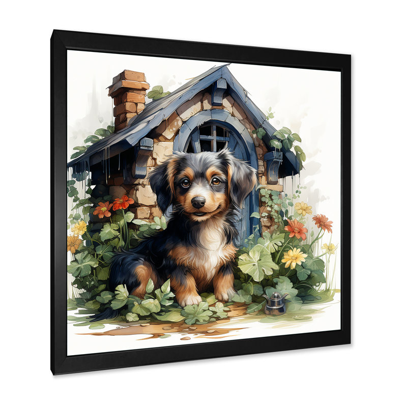 «Puppy Doghouse Blooms I», art mural chien, Cadre simple noir, H 36 po x l 36 po x P 1,5 po