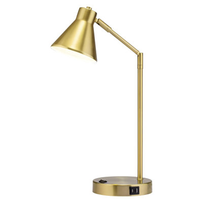 Lampe de bureau pivotante à 270 ° à DEL, 100% métal, laiton antique, deux ports de charge USB, lumière blanche douce 3000K