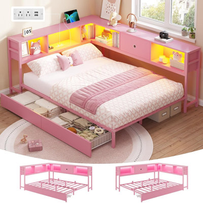 Pink Full Size L-Shaped Corner Bed Frame, Metal Platform Daybed With Storage Drawers, Bookcase Headboard, Led Lights & Charging Station, Space-Saving Bed For Girls Kids Teens
