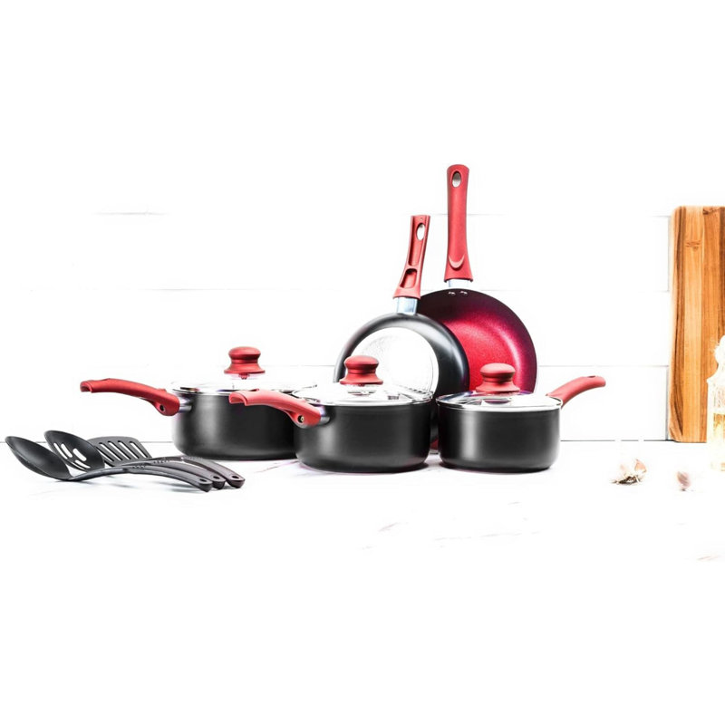 11-Piece Red and Black Nonstick Aluminum Cookware Set