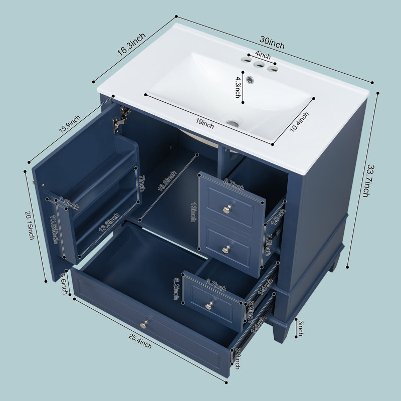 Meuble-lavabo 30 po avec lavabo en céramique, Bleu